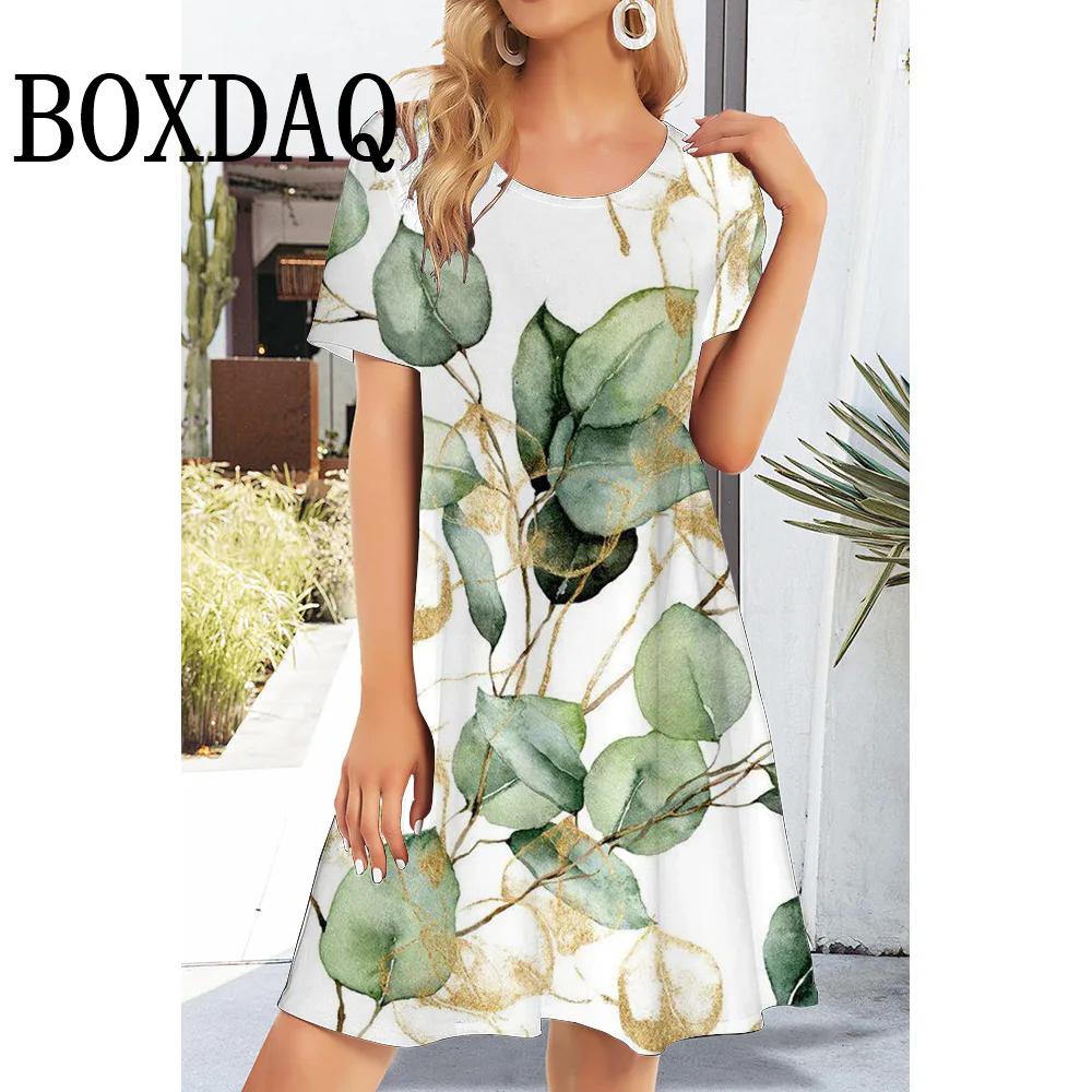 2025 Новые женские платья с цветочным принтом Летние элегантные платья А-силуэта Женские платья с коротким рукавом Модные свободные платья больших размеров