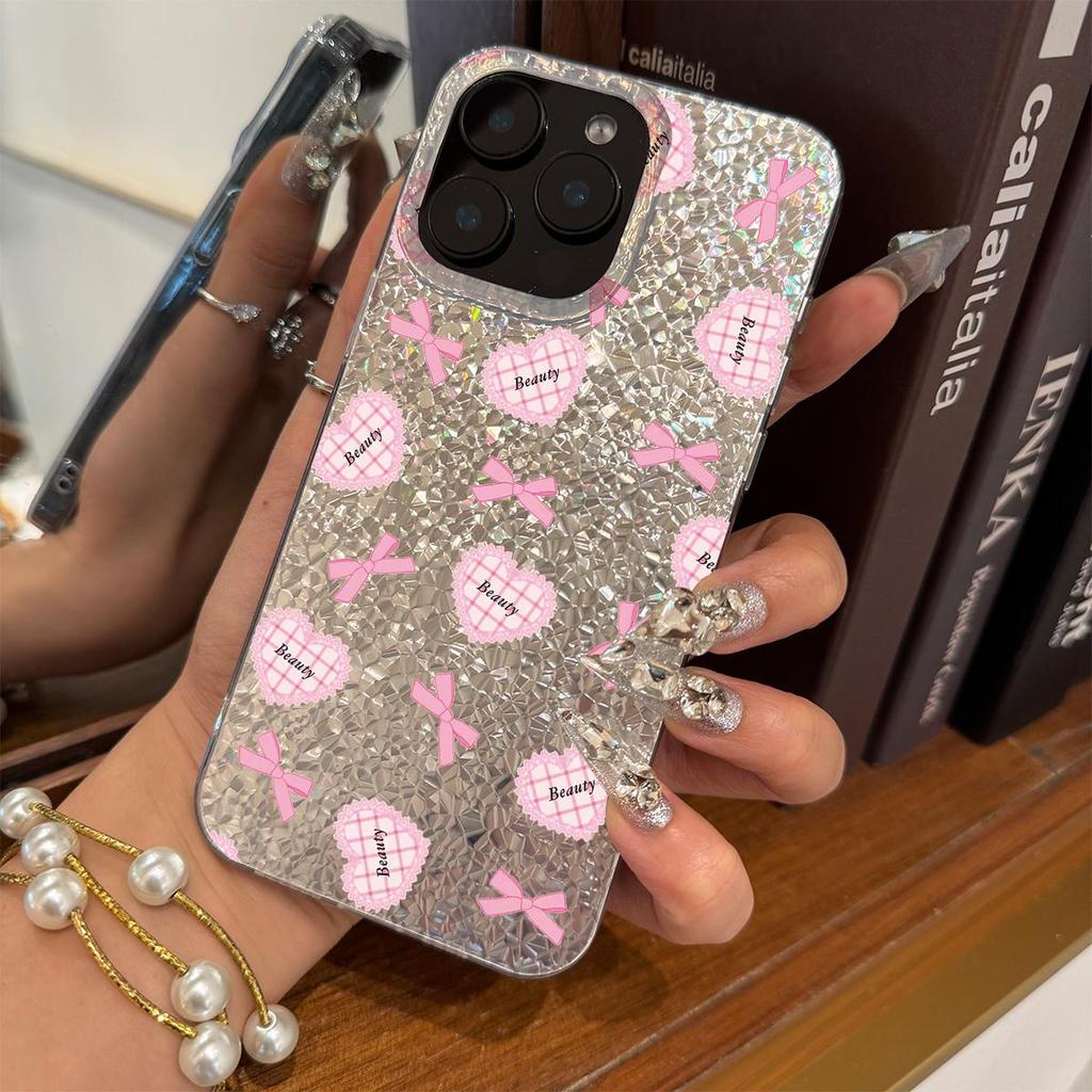 Чехол для iphone 15 14 16 Plus 17 Pro XR 18 Pro Max XS Max 12 13 11 Air Серебристый Блеск Трескающийся Фон Розовое Сердце