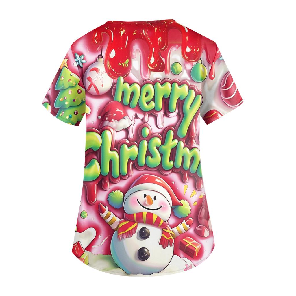 Ladies' Christmas Printed Fashionable V-neck Pocket Short Sleeved Uniform And Caregiver Top