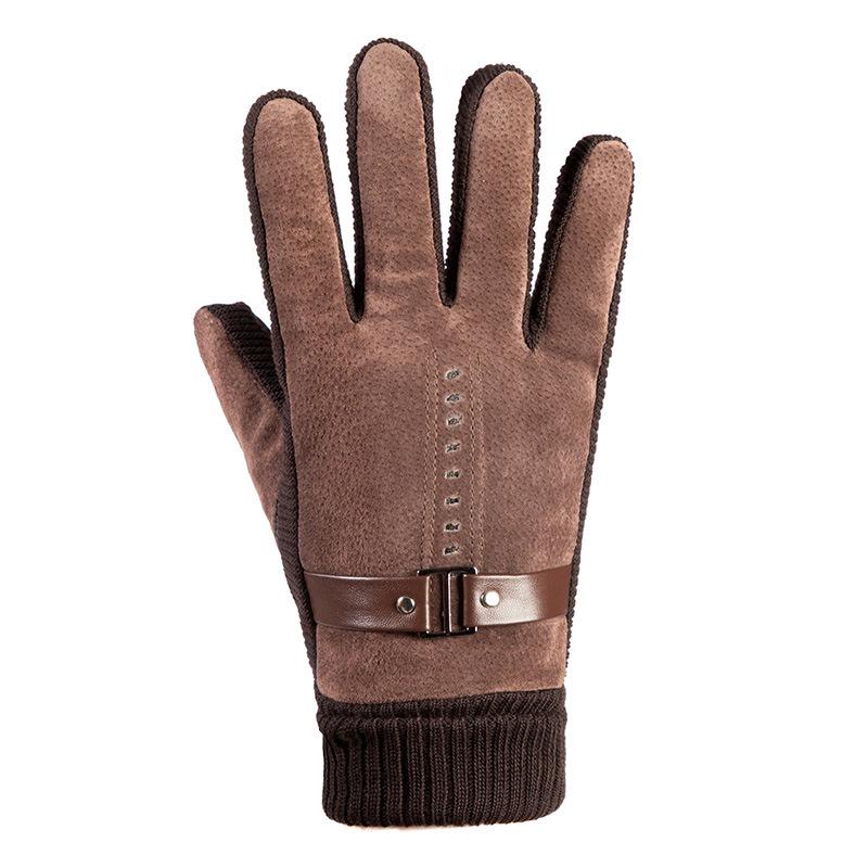 Warm Leather Gloves Knitted Splicing Pigskin Thickened and Velvet Outdoor Cycling Cold-proof Men's Autumn and Winter Touch Screen Gloves