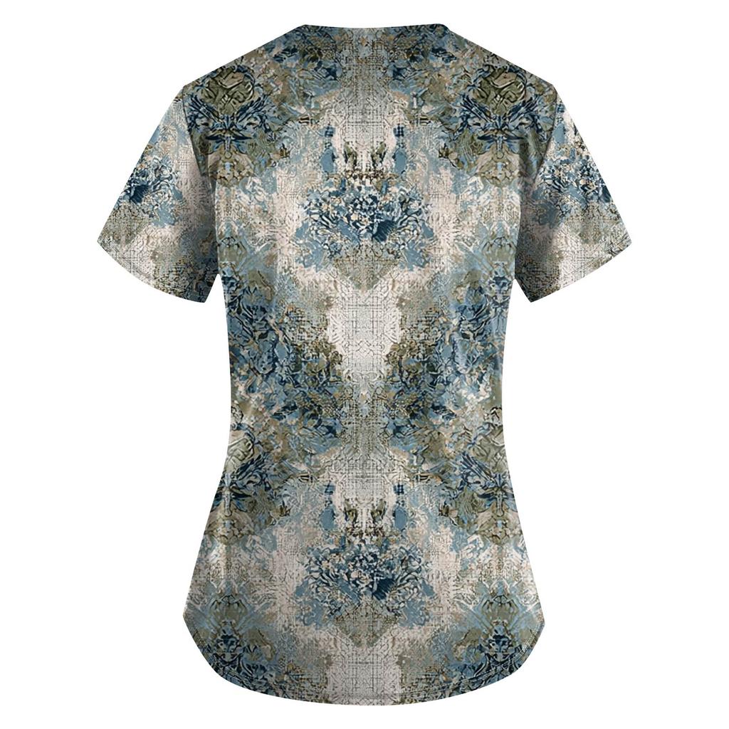 Plus Size Printed Scrub Working Uniform Tops For Women's V-Neck Print Short Sleeve Fun T-Shirts Workwear Tee With Pockets