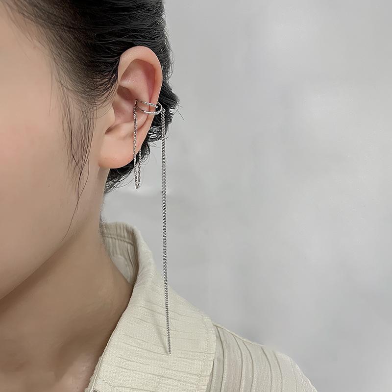 Панк серебряного цвета с длинными кисточками для ушей, женские корейские модные висячие серьги-клипсы для девочек, винтажные поддельные серьги для пирсинга, ювелирные изделия