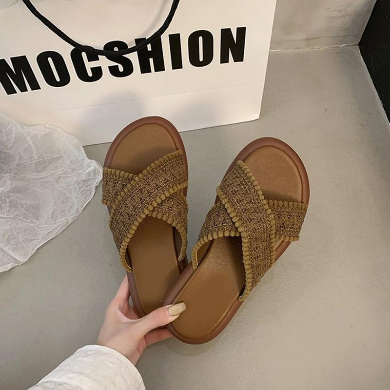 Summers Women Flat Bottom Slipper Open Toe Summer Retro Woven Cross Bohemian Style Slides Sandals Casual Outside Beach Slipper