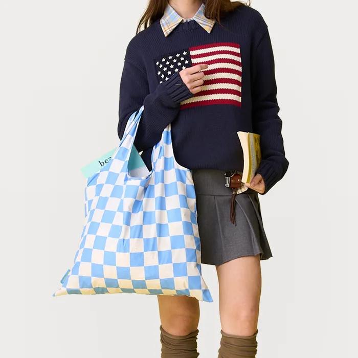 Nareun Reusable Folding Eco Bag Blue Checkerboard