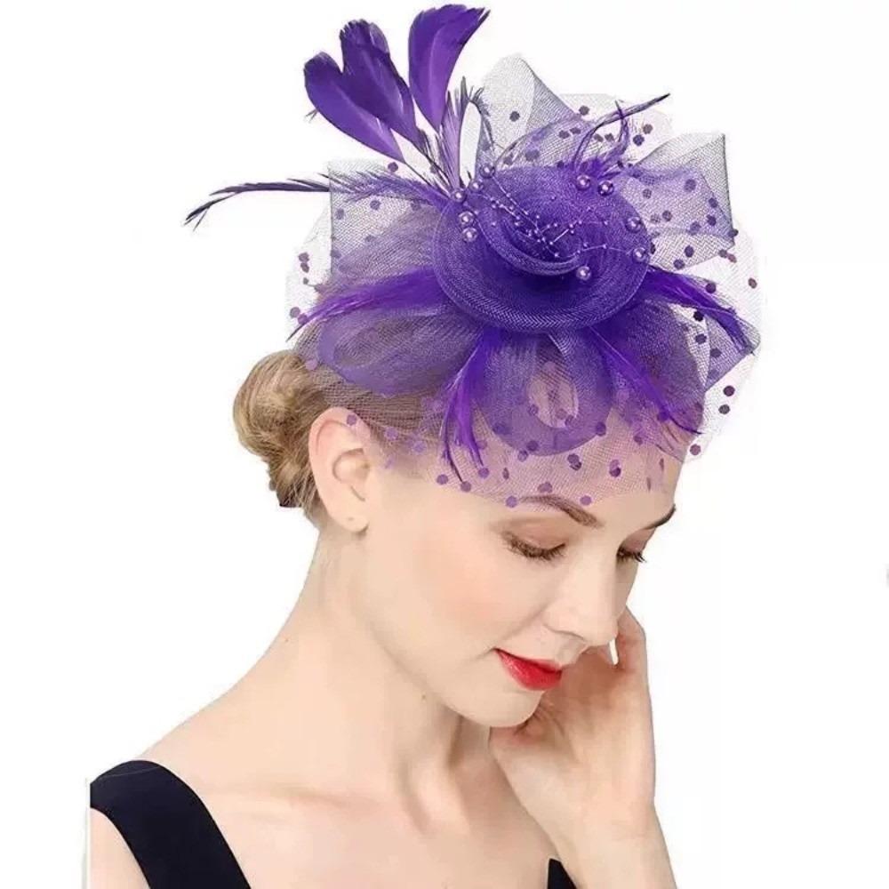 Polka Dot Feathers Fascinator Hat Elegant Bride Headdress Vintage Tea Party Mesh Hair Band Wedding
