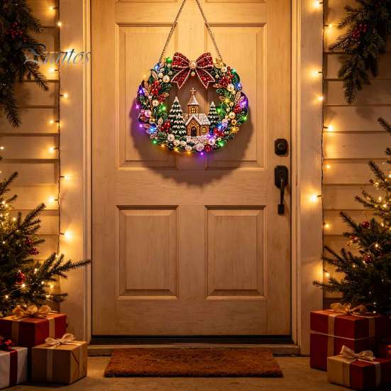 DIY Holiday Craft for Adults Christmas Diamond Painting Wreath Kit with LED String Lights, Snowman Pearl Art Hanging Ornament Adults, Acrylic