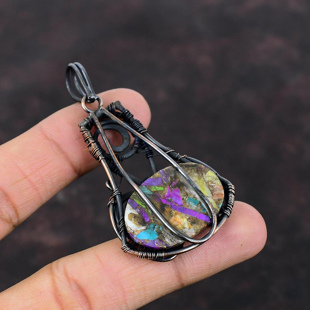 Многоцветный медный бирюзовый кулон, обернутый медной проволокой, кулон с драгоценным камнем, бирюзовый кулон, подарок для женщин, кулон ручной работы, медные украшения