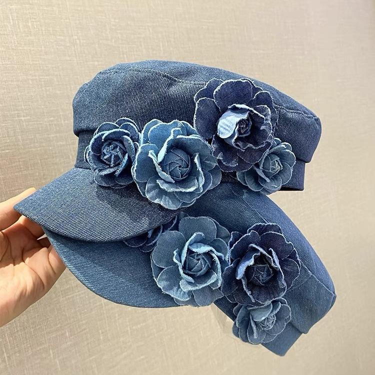 Retro three-dimensional flower denim beret women's four-season face small handmade applique versatile fashion octagonal hat
