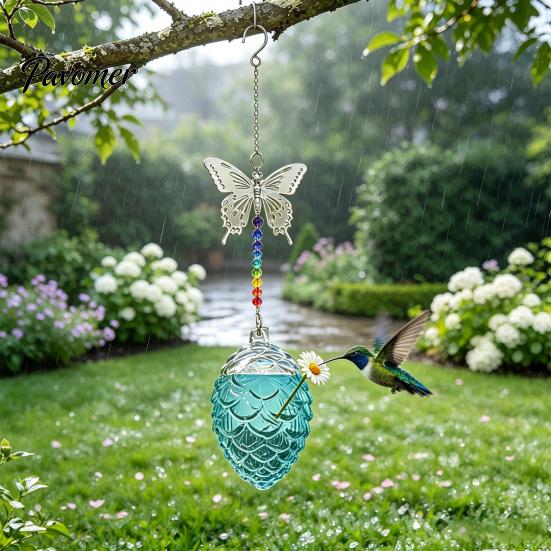 Wild Bird Feeding Supplies Pine Cone Shape Glass Hummingbird Feeder with Butterfly/Dragonfly Decor, Outdoor Hanging Easy Clean Nectar Water
