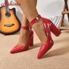 Aphixta 2025 Сексуальные туфли-лодочки на квадратном каблуке 10 см для женщин, 2 см, ремешок с пряжкой, красный цвет, жемчужная пряжка, туфли с ремешком на щиколотке, остроносые, большой размер 50