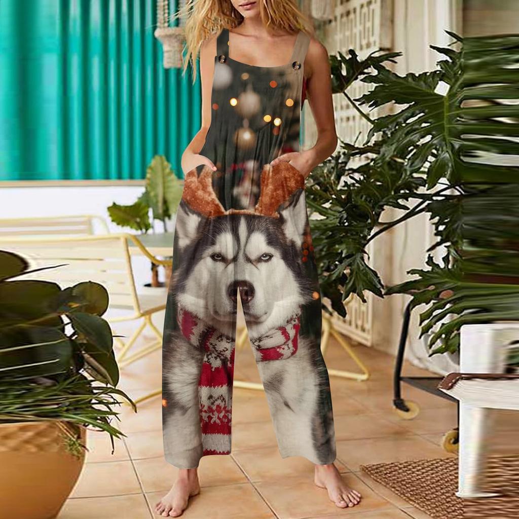 Женский повседневный комбинезон с рождественским принтом, хлопковый комбинезон без рукавов с принтом