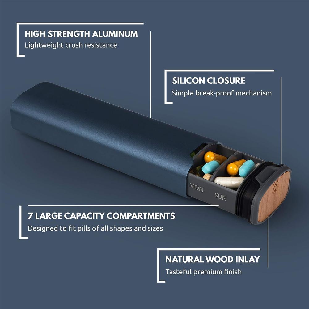 1 шт. 7-дневный еженедельный органайзер для таблеток из алюминиевого сплава и дерева, большая емкость для таблеток, витаминов и лекарств