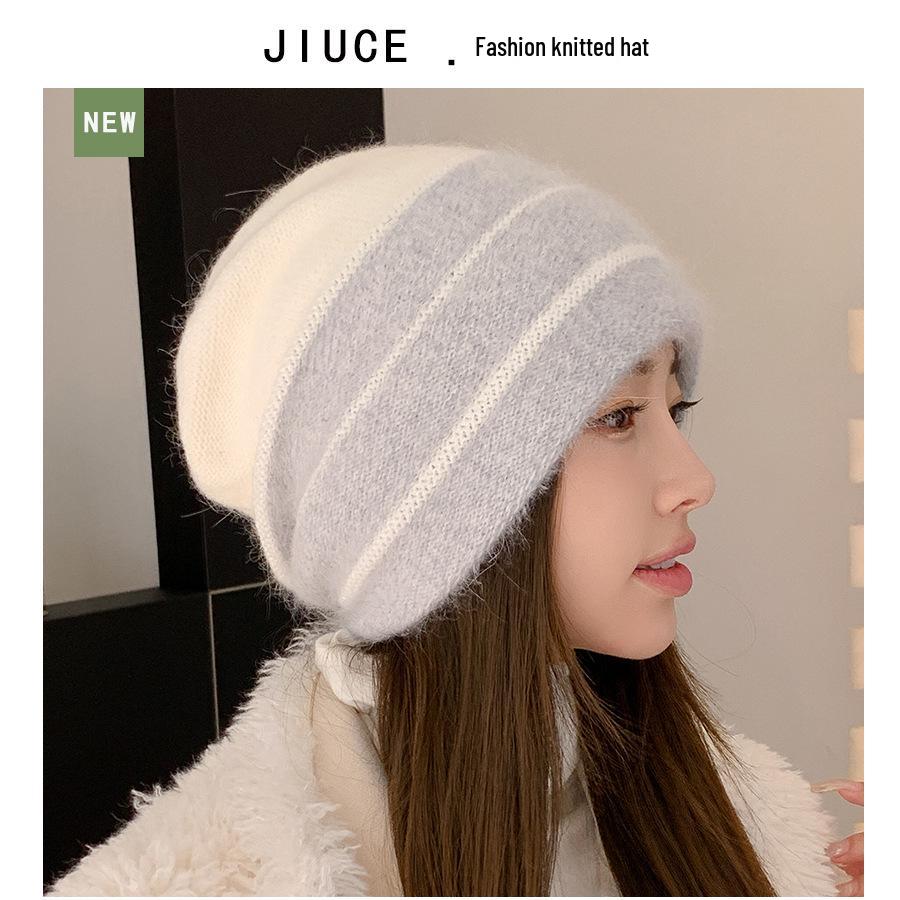 Korean Colorblock Rabbit Fur Fleece-Lined Beanie with Ear Protection – Elegant Women's Knit Hat for Cold Weather