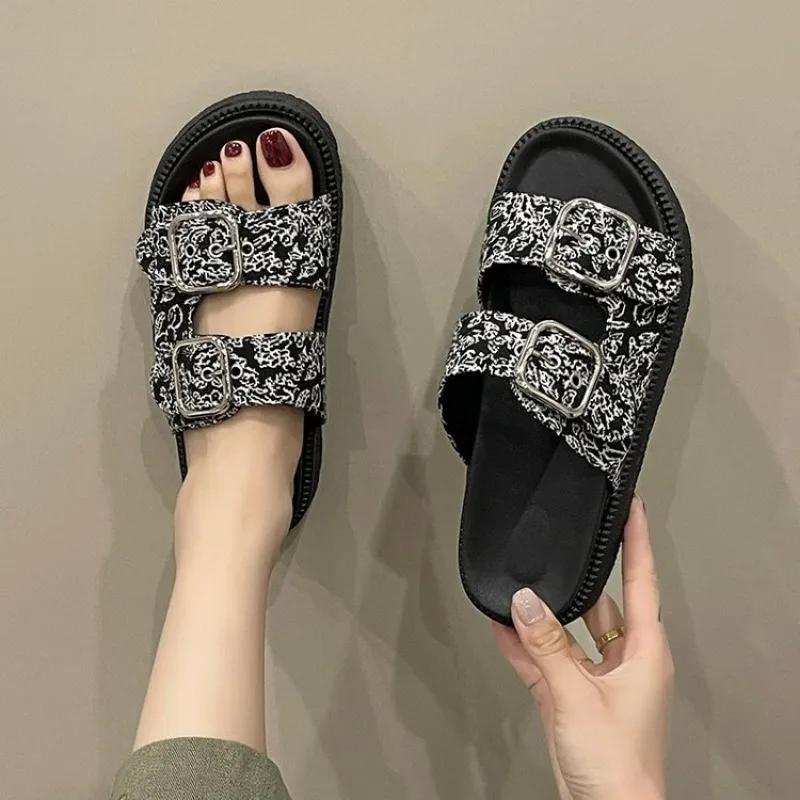2024 Стразы Кристалл Пряжка Тапочки Женские Фирменный Дизайн Кристалл Двойные Шлепанцы Женские Платформы Слайды Сандалии Большой Размер 42