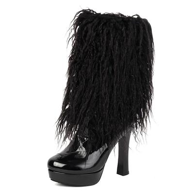 2025 Новый Дизайн Женские Сапоги до Середины Икры Круглый Носок Ультравысокий Каблук 11см Платформа 2.3см Молния Большой Размер 48 49 Сексуальные Боты