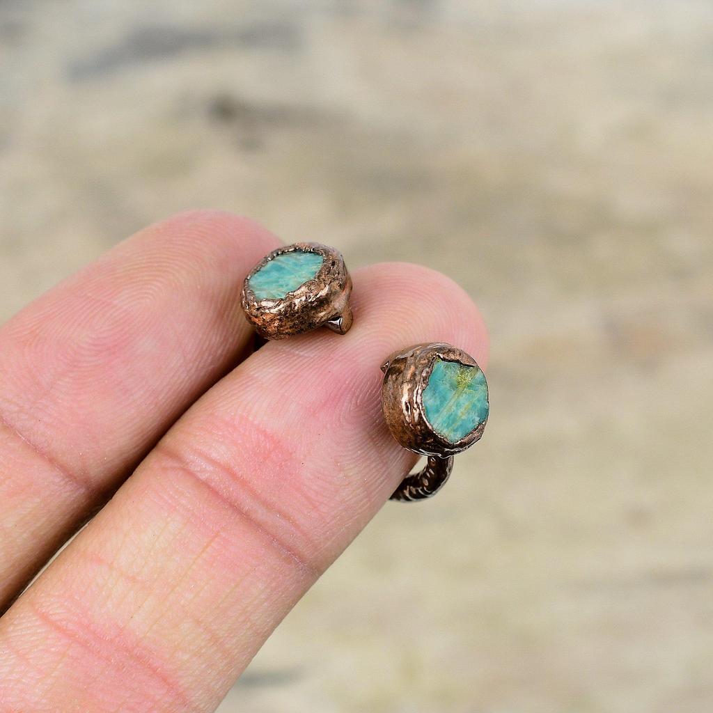 Кольцо с амазонитом, медное кольцо, изготовленное методом гальванопластики, ювелирные изделия с амазонитом ручной работы, регулируемое кольцо, красивые кольца с драгоценными камнями, ювелирные изделия, изготовленные гальваническим способом для подарка