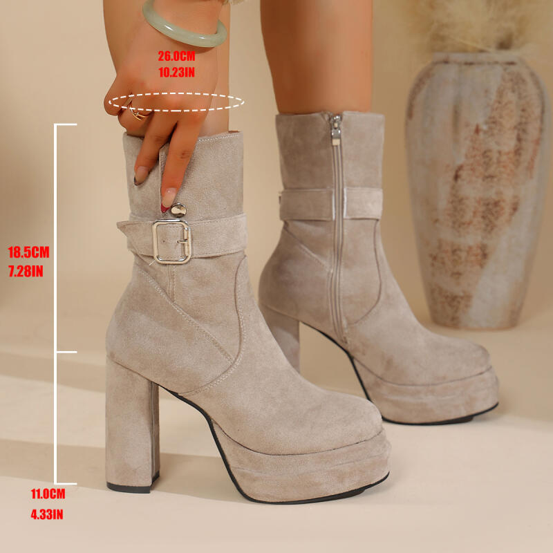 Fashion Chunky Platform Super High Heel Ankle Boots Women 2025 Winter Metal Buckle Suede Black Boots Sexy Party Nightclub Shoes Autumn