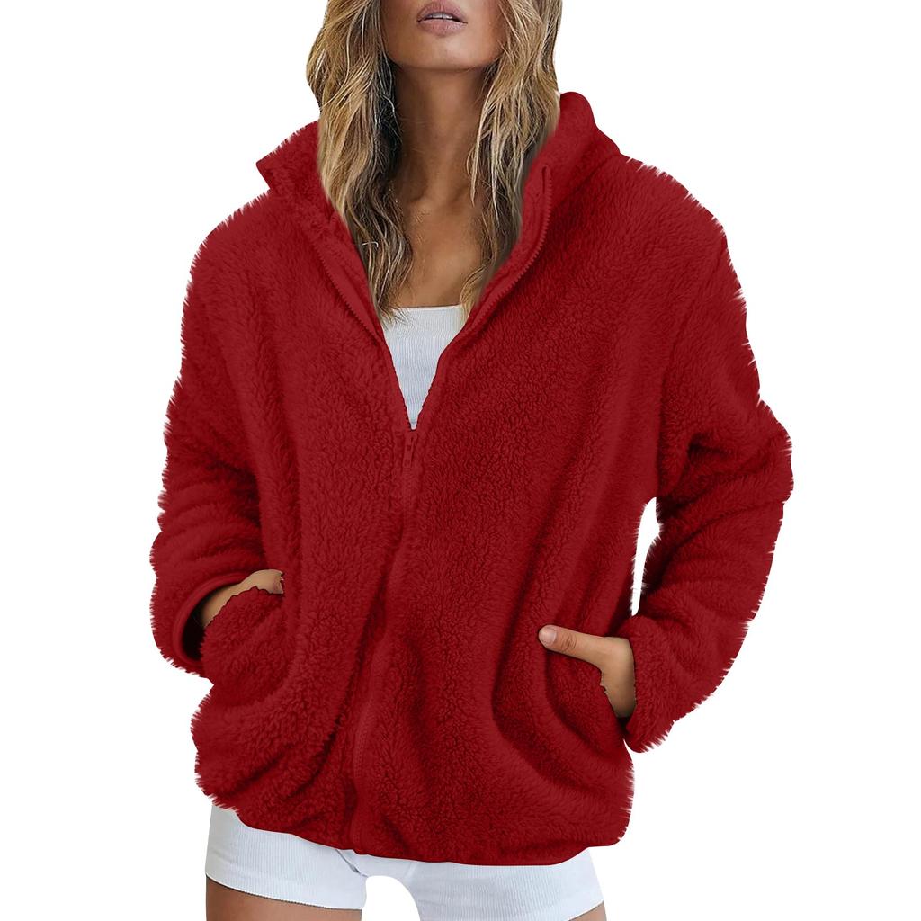 Women's Solid Color Fashionable Winter Loose High Neck Long Fleece Plush Warm Zipper Jacket