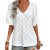 Plus Size Women's Summer T-shirt Knitted Embroidery Hollow Ruffle V-neck Short-sleeved Blouse Women's T-shirt