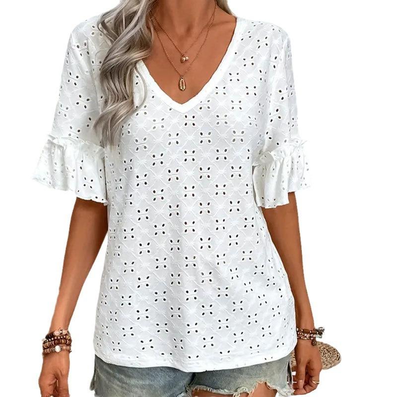 Plus Size Women's Summer T-shirt Knitted Embroidery Hollow Ruffle V-neck Short-sleeved Blouse Women's T-shirt