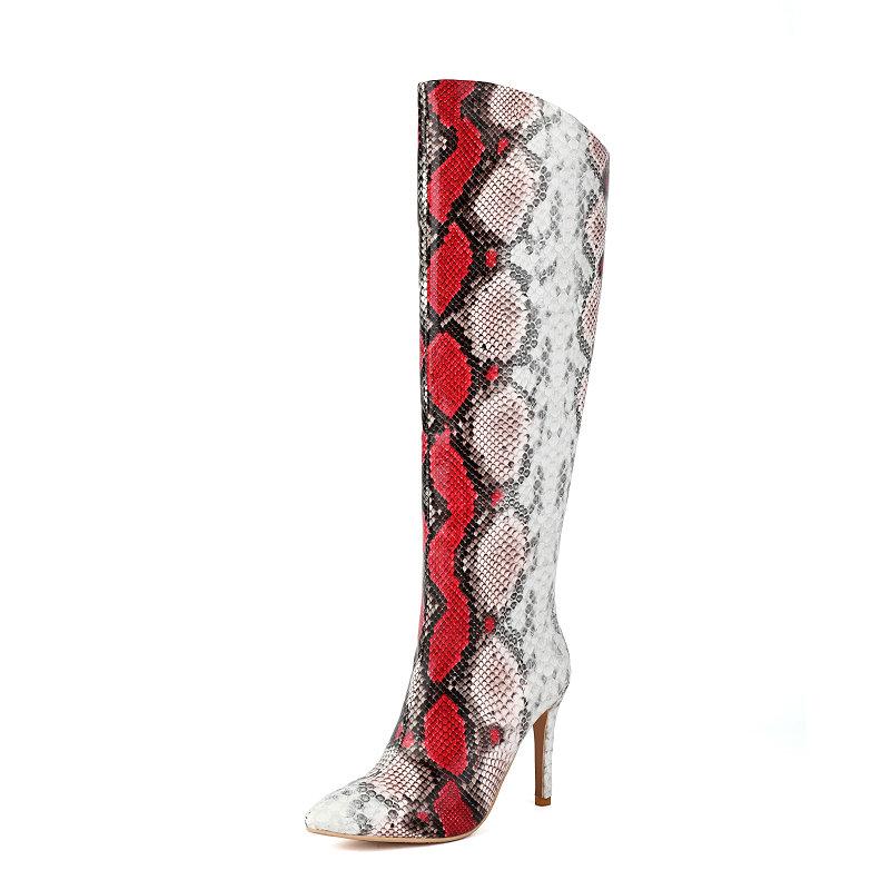 Snakeskin Tall Boots Women's Stiletto Knee High Boots 2024 Autumn Winter Thin High Heels Shoes Sexy Pointed Toe Footwear
