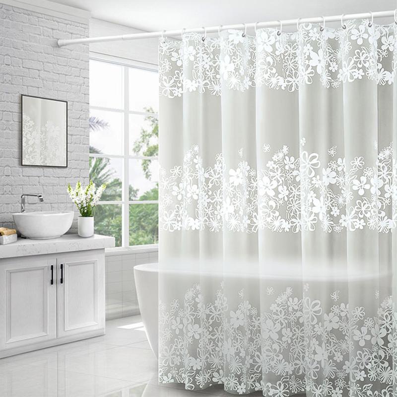 Modern Bathroom Waterproof Transparent Flower Shower Curtain PEVA Plastic Hook Bathroom Curtain