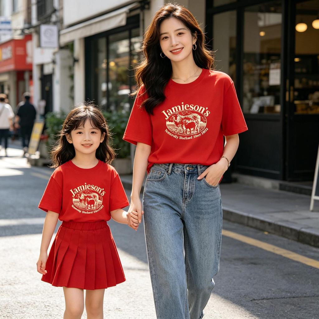 100% Cotton Lamb Print Mother-Daughter Matching Short Sleeve T-Shirt - Round Neck, Casual Top