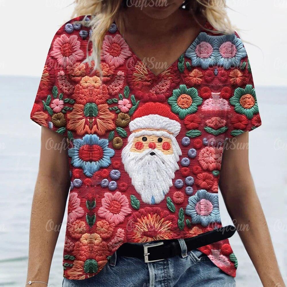 Новая рождественская женская футболка с 3D принтом Санта-Клауса, футболки с короткими рукавами и v-образным вырезом, уличная одежда большого размера, женский пуловер в стиле Харадзюку, топы