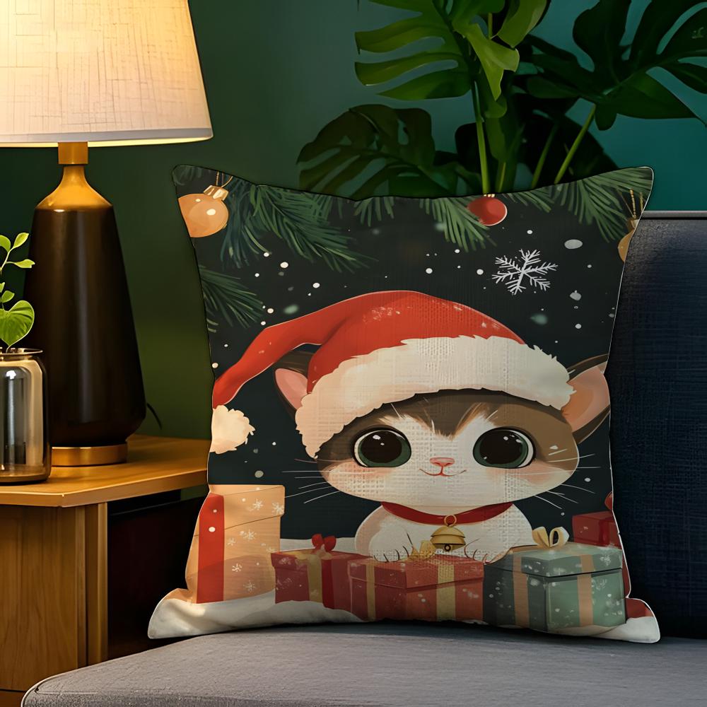 Cute cat with a red hat decoration Pillow Case Natural Linen Pillow Case DoubleSided Decor Sofa Pillowcase Home Decor