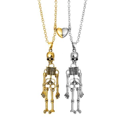1 Pair Skeletons Holding Hands Necklaces Magnetic Skeleton Pendant Necklaces Set Vintage Skull Necklaces for Couple BFF Friendship Gothic Punk Lovers