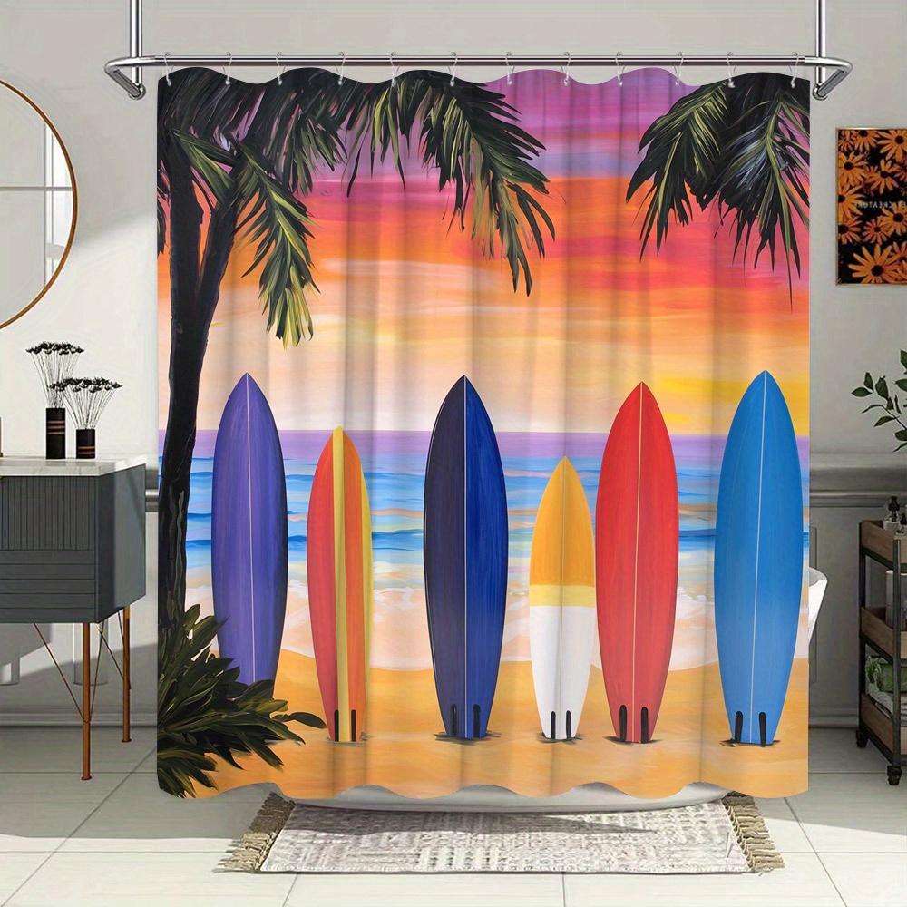 Шторка для душа «Тропический пляж» - Яркие доски для серфинга и пальмы, Водонепроницаемый полиэстер, Причудливый декор для ванной комнаты