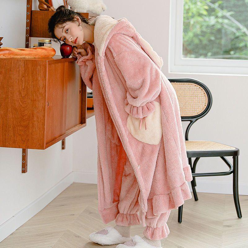 Милая мультяшная домашняя одежда с длинными ушами кролика, фланелевый женский плюшевый халат Kawaii с капюшоном, ночная рубашка из кораллового флиса, домашний комплект