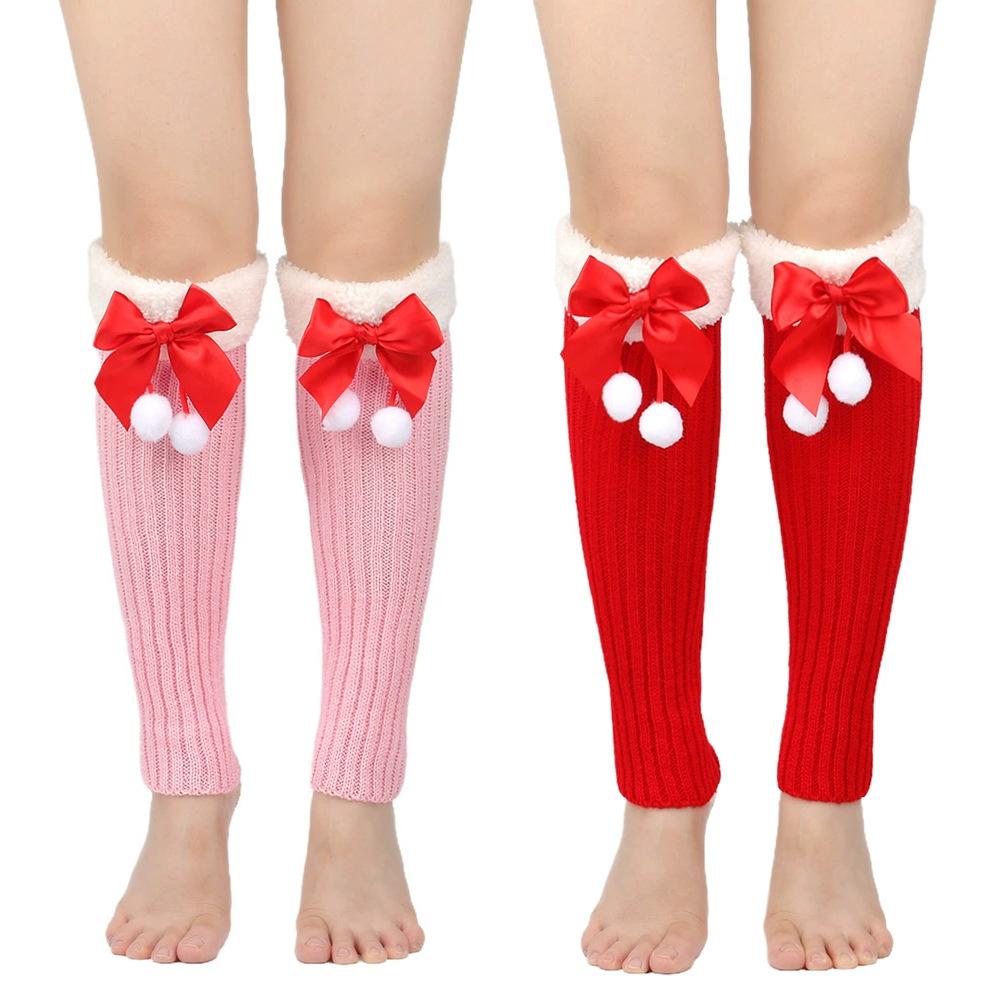 Женские рождественские чулки с бантом, гетры, зимние теплые флисовые эластичные трикотажные чехлы для ног, женские толстые манжеты, носки для сапог