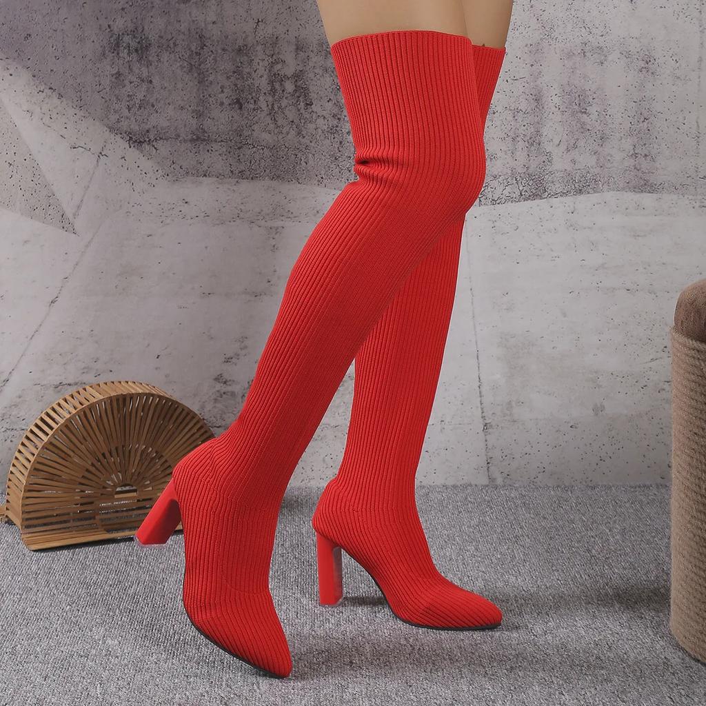 Празднуйте Женские Вязаные Сапоги-Носки Осень Зима Сексуальные Сапоги Выше Колена Острый Носок Толстый Высокий Каблук Длинные Боты Размер 36-43