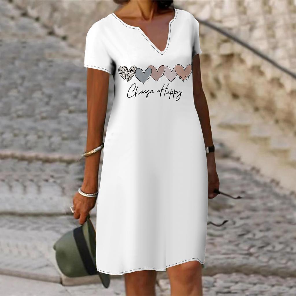 Summer Fashion V-neck Dress Ladies Short Sleeve Elegant English Printed Dress Loose Casual Dress for Women