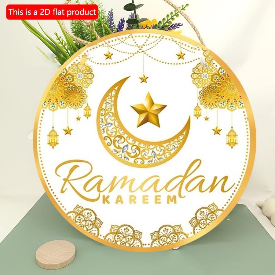 2D плоский 20*20 см 1 шт EID Mubarak Gloden Moon&Stars симпатичный круглый деревянный кулон, золотой великолепный стиль потолочный подвесной орнамент Рамадан, ислам мусульманский