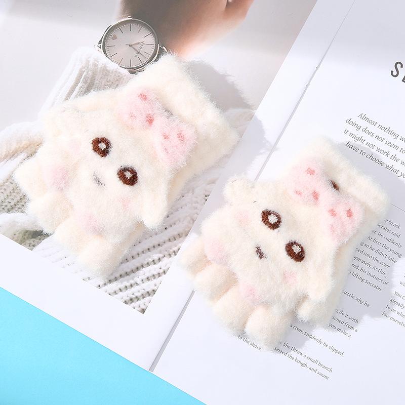 Cartoon Cute Children's Half Finger Flap Warm Gloves In Autumn and Winter Cold Proof and Thickened Baby Girl Writing and Riding A Bicycle Five-finger