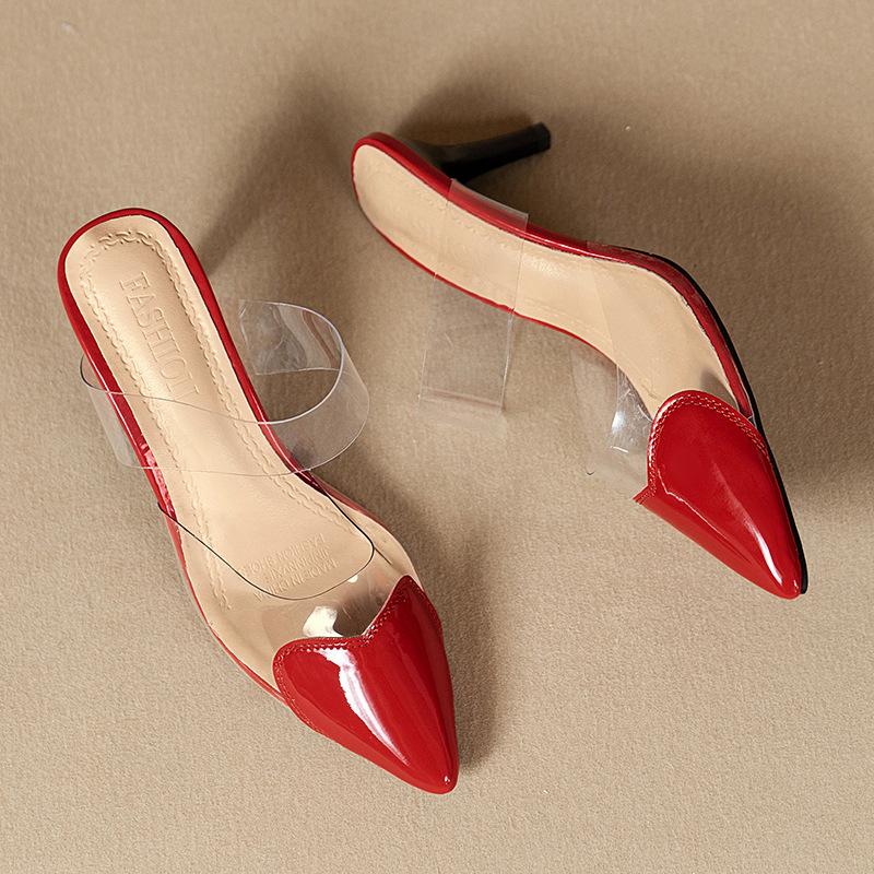 Весенние модные простые лакированные кожаные полутапочки персикового цвета с острым носком в форме сердца, женские сандалии Baotou на высоком каблуке на тонком каблуке, удобная элегантная обувь