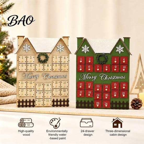 Kids Adults Advent Calendar Wooden House Christmas Calendar, with 24 Drawers, Countdown to Gift Box, Refillable Xmas Desktop Decoration Box