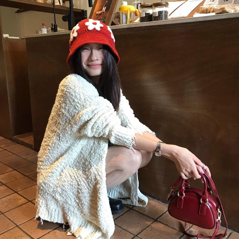 Korean Style Crochet Flower Knitted Hat Sweet Bucket Hat Cute Beanies Hat  Girls