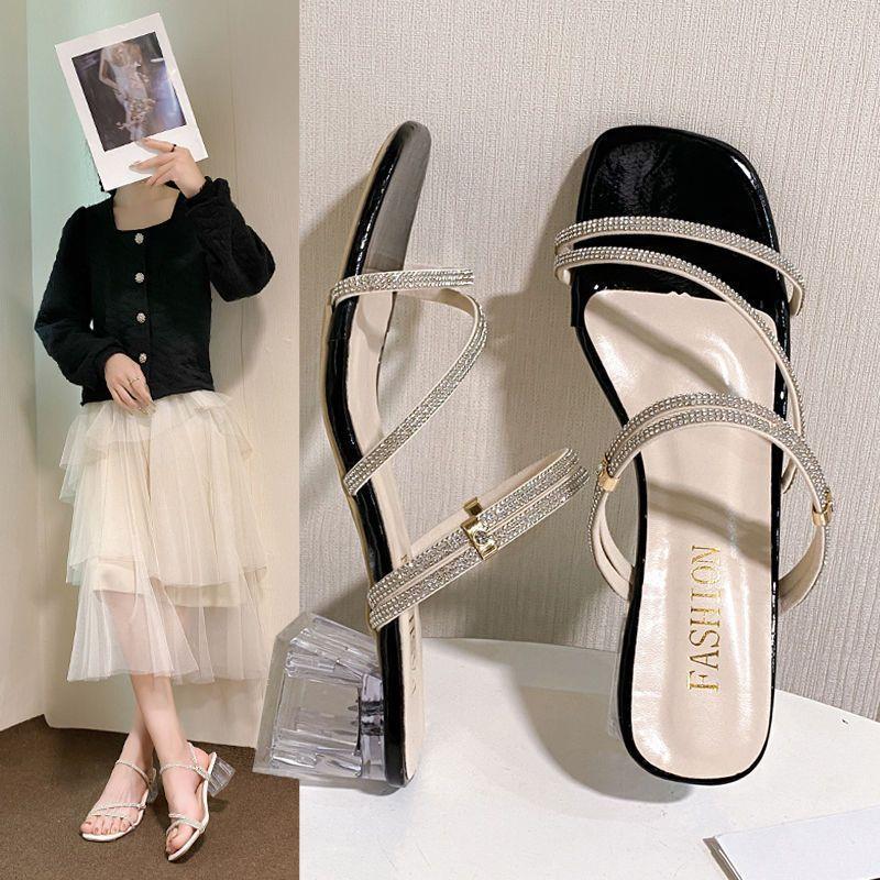 Летняя одежда 2025 года, популярные французские тапочки со стразами, женские туфли на среднем каблуке, юбка в стиле феи на высоком каблуке, универсальные босоножки на низком каблуке
