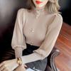 Fitted Turtleneck Sweater for Women Spring Autumn Chiffon Patchwork Lantern Sleeve Knitwear Slim Fit Top