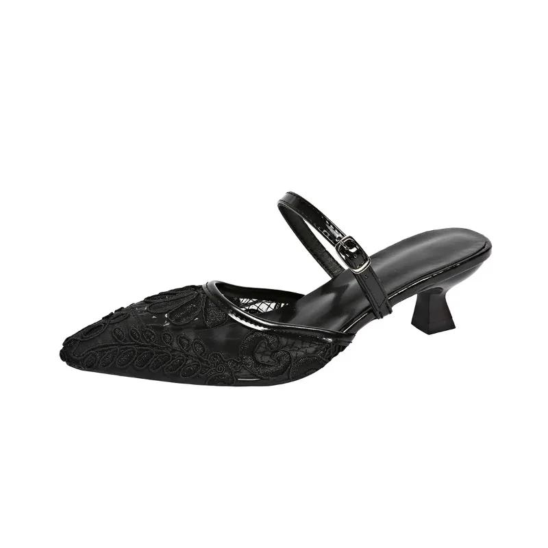 2025 New Summer Women's French British Style Pointed Toe Mesh Lace Closed-Toe High Heel Sandals Plus Size Solid Heels Women
