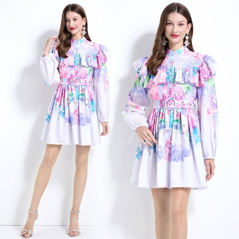 Весна Лето Женщины Фонарики Рукава Оборки Мини Короткие Принцесса Праздничные Пляжные Платья С Поясом