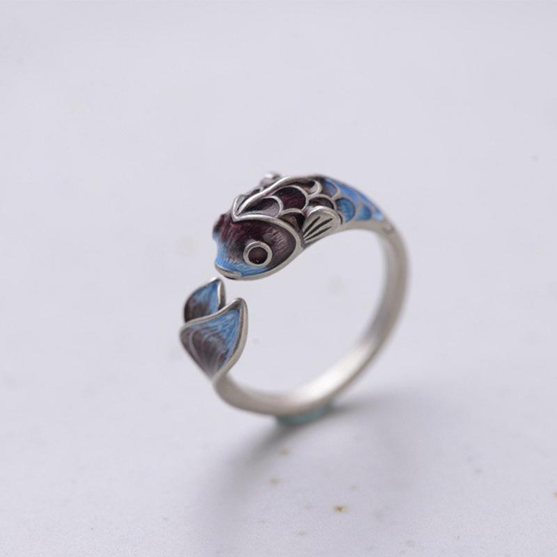 Simple Temperament Koi Ring, Enamel Creative Design Adjustable Ring, Ladies' White Auspicious Jewelry