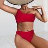 2 Pcs/Set Summer Swimsuit Set One Color Tight Shoulder Solid Sleeveless Padded Bathing Wireless