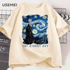 Cute Black Cat Starry Sky Night Vintage T-shirt Men Women Cotton Short Sleeve Round Neck Tshirt Casual Graphic Tshirt Clothes