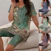 Women  V-neck Short Sleeve Print Two Piece Sets Summer Causal Home Comfortable Tops And Shorts