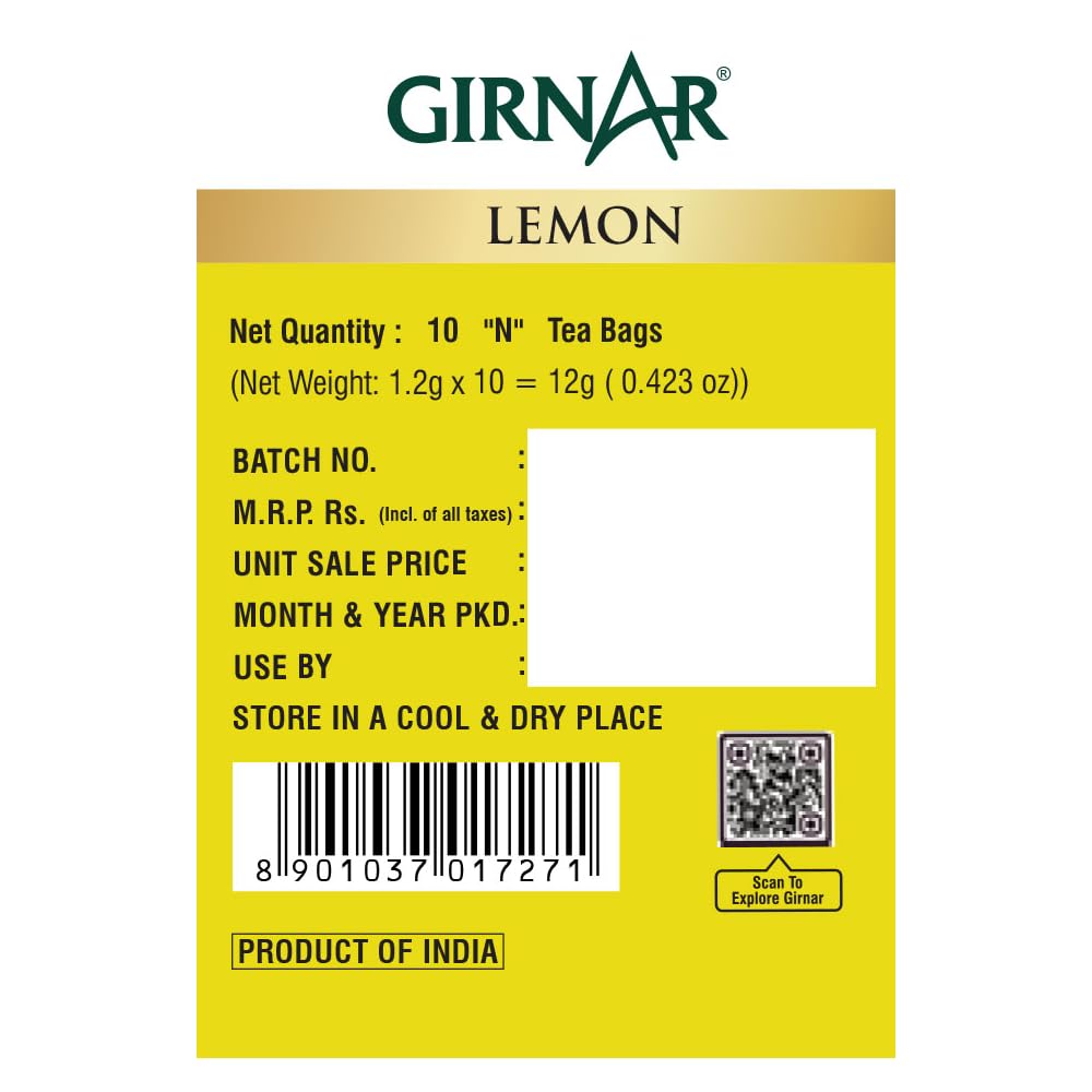 Girnar Green Tea With Lemon 10 Tea Bags Pack Of 1 Refreshing Citrus Flavor Drink