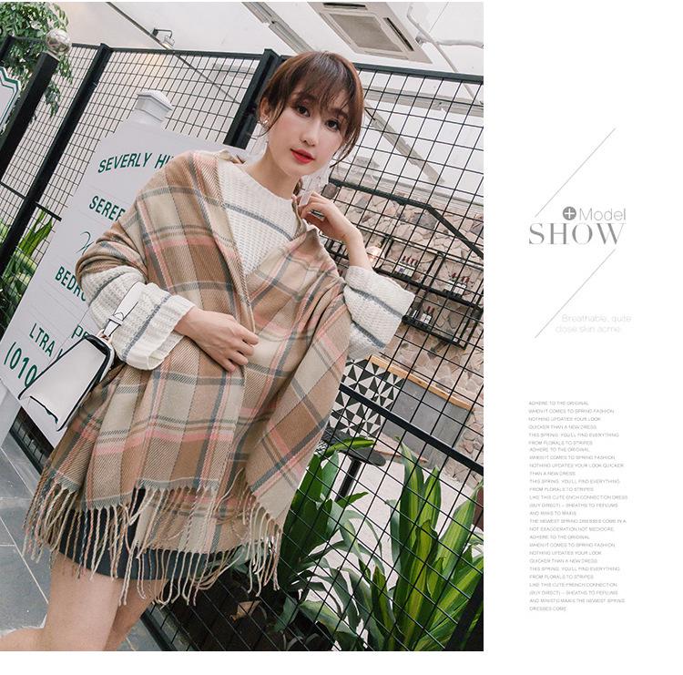 Клетчатый зимний шарф для женщин - шаль с кисточками в корейском стиле из искусственного кашемира